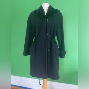 Vintage Burberrys black wool cashmere draestring waist faux fur collar coat